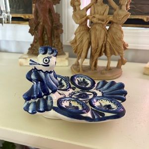 Vintage Gzhel blue white porcelain condiment dish rooster egg holder